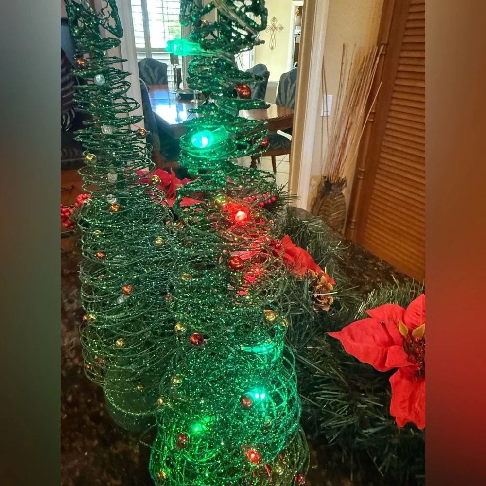 Green Wire Lighted Glittery Christmas Tree Set of 2